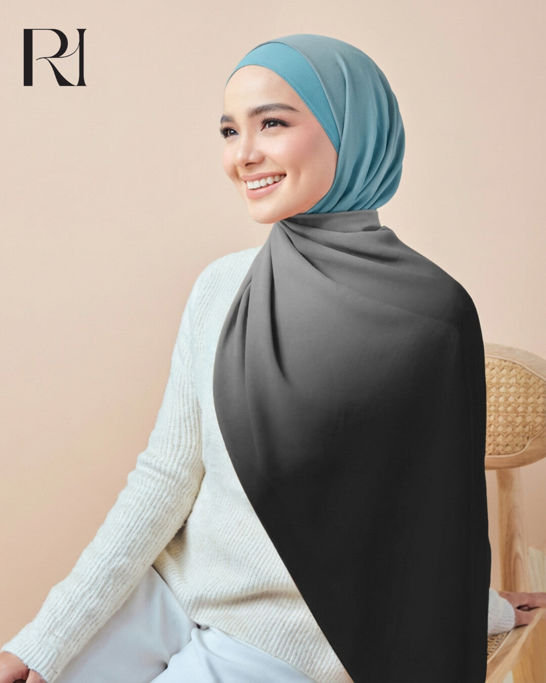 Soft Meets Bold Gradient Baby Blue & Black Chiffon Crepe Scarf