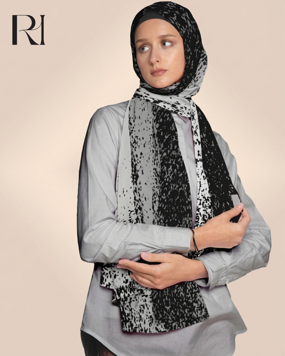 Elegant Printed Black and Gray Chiffon Hijab