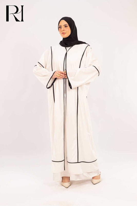 Alia White & Onyx Piped Abaya Set