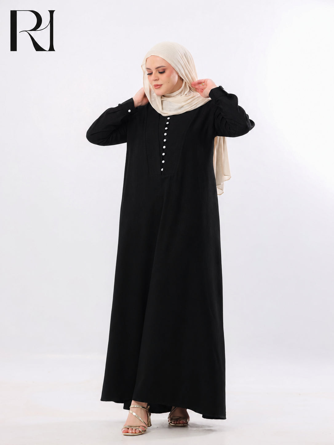 Rania Pearl Button Linen-Blend Maxi Dress – Black