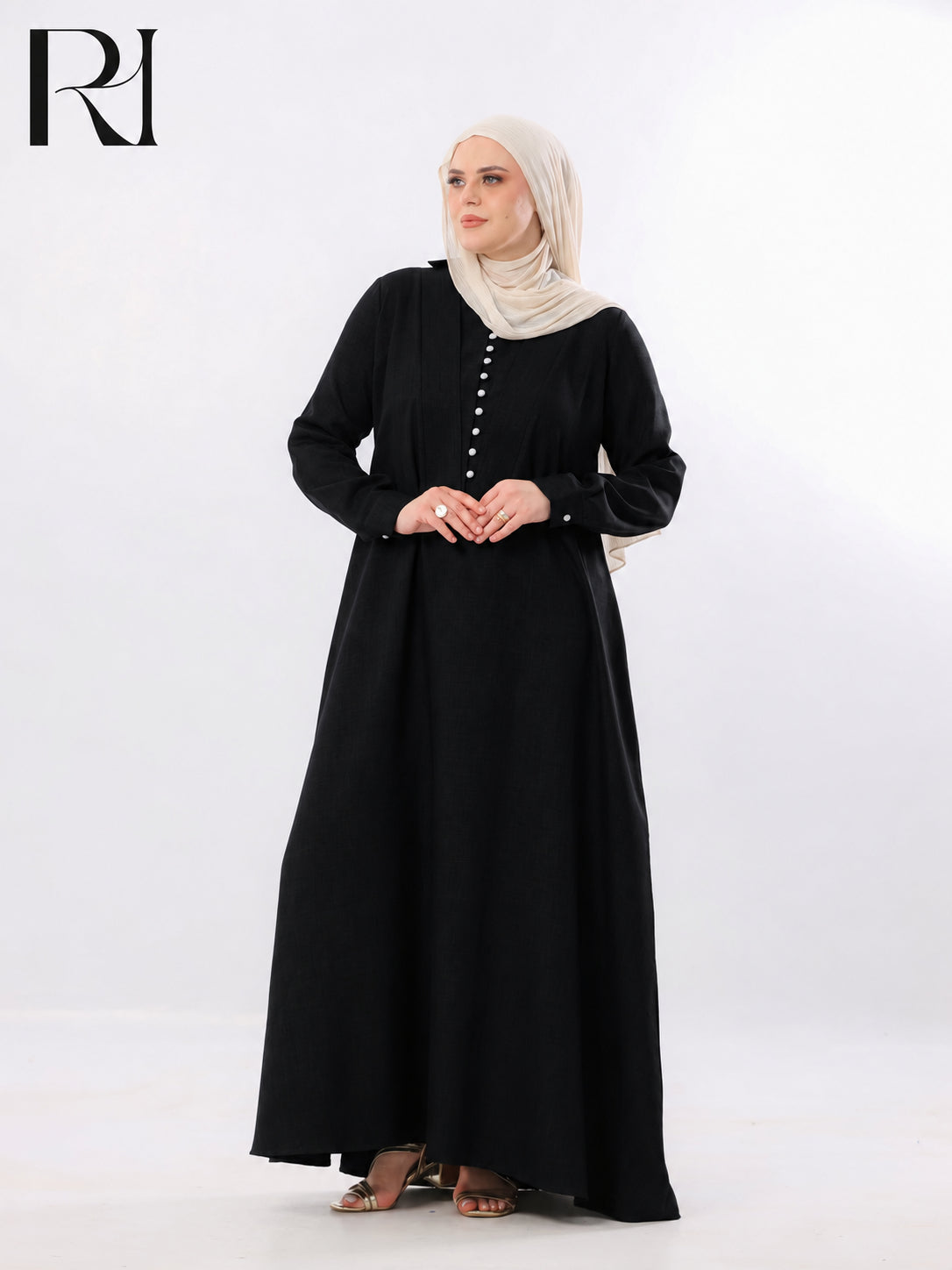 Rania Pearl Button Linen-Blend Maxi Dress – Black