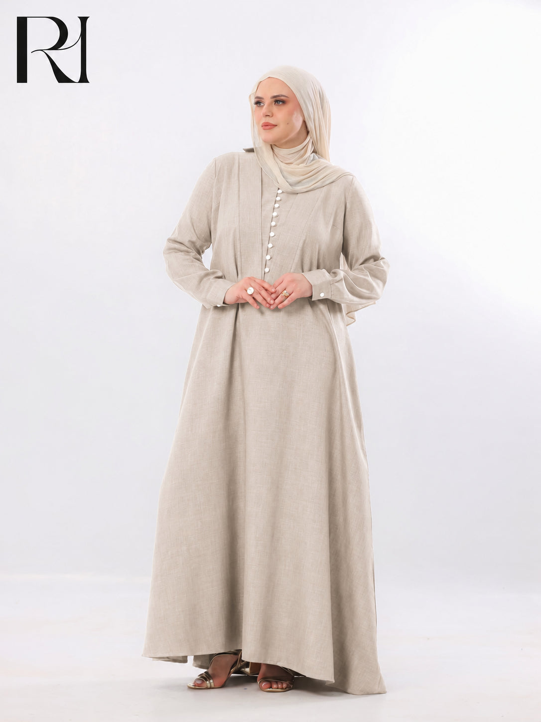 Rania Pearl Button Linen-Blend Maxi Dress – Beige