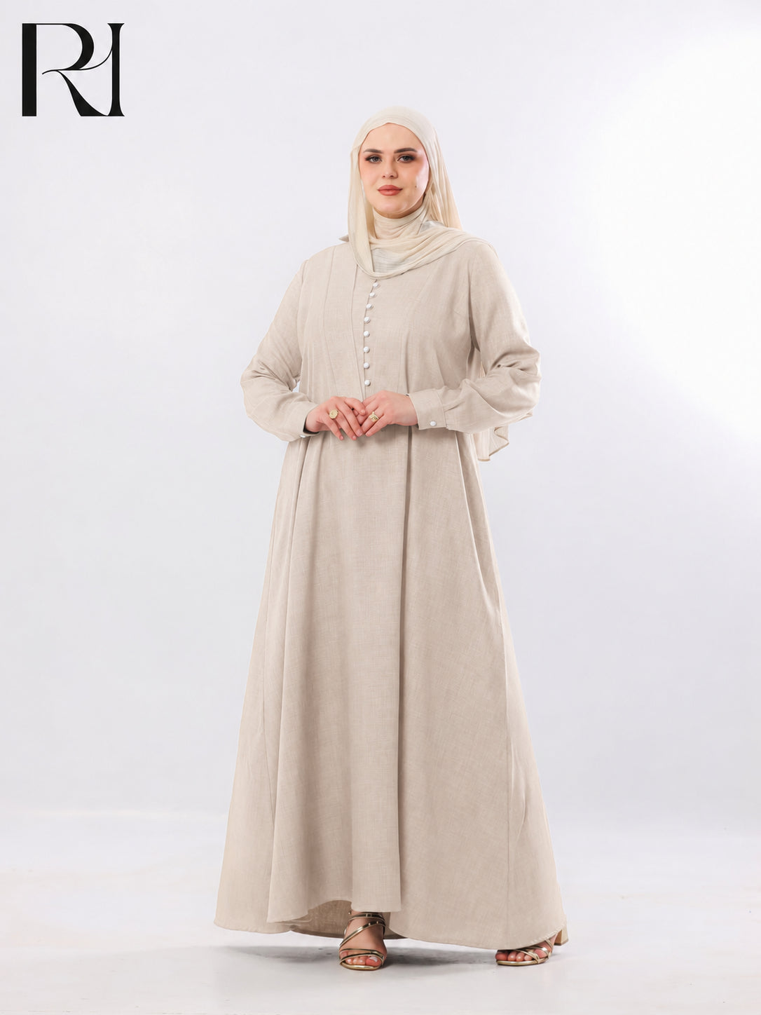 Rania Pearl Button Linen-Blend Maxi Dress – Beige