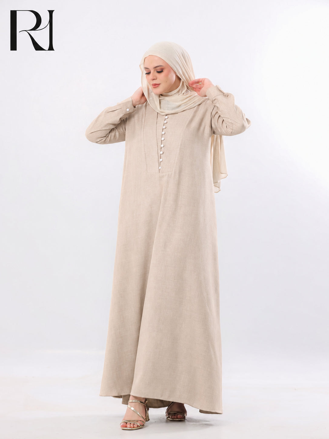 Rania Pearl Button Linen-Blend Maxi Dress – Beige