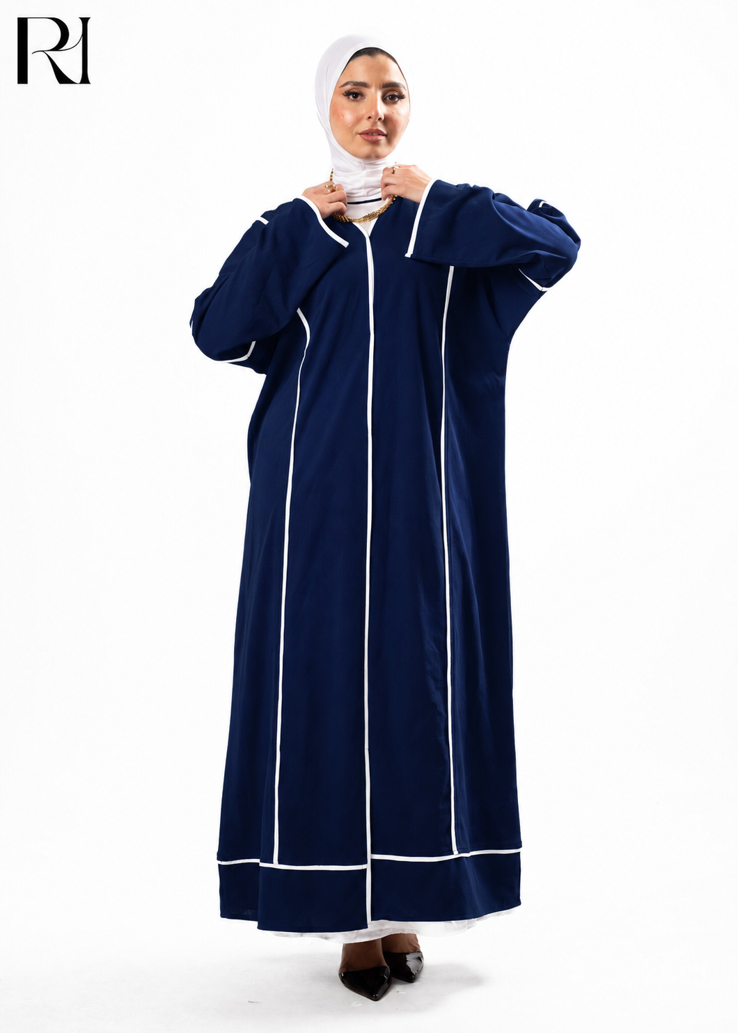 Naima Contrast Trim Structured Knit Abaya - Navy