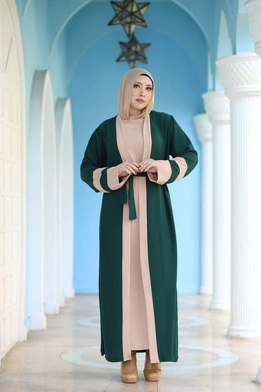 Stylish Green & Beige Abaya with Belted Waist