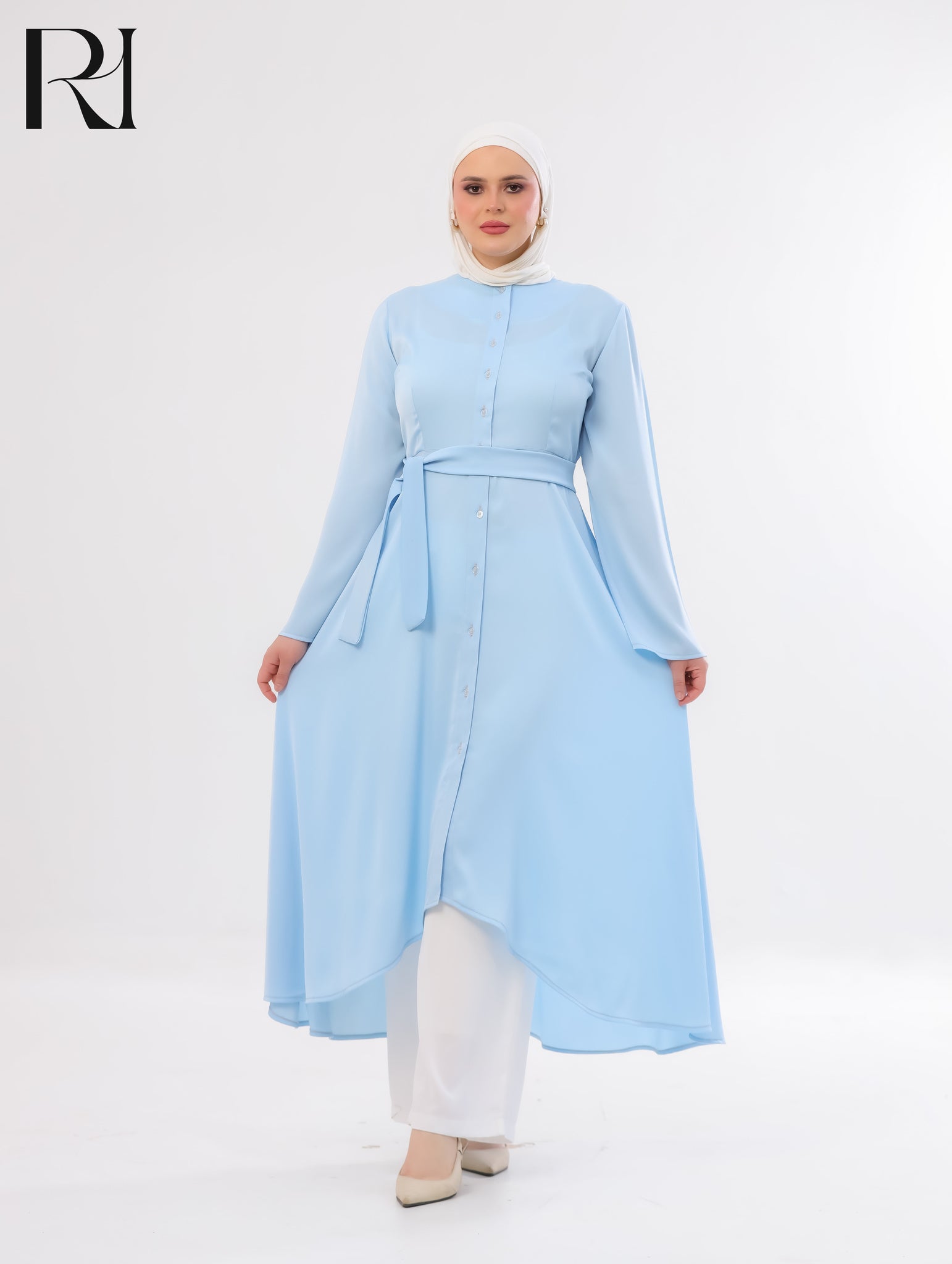 Rahaf Soft Lightweight Silk Two-Piece Set – Sky Blue & White