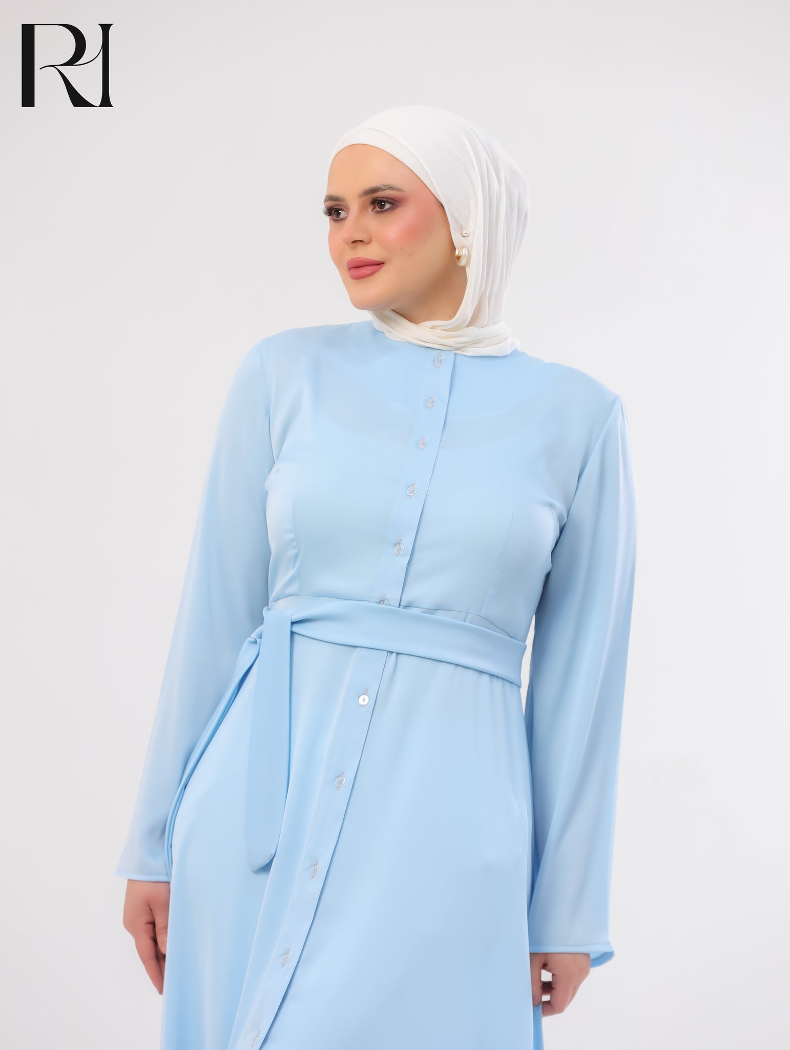 Rahaf Soft Lightweight Silk Two-Piece Set – Sky Blue & White