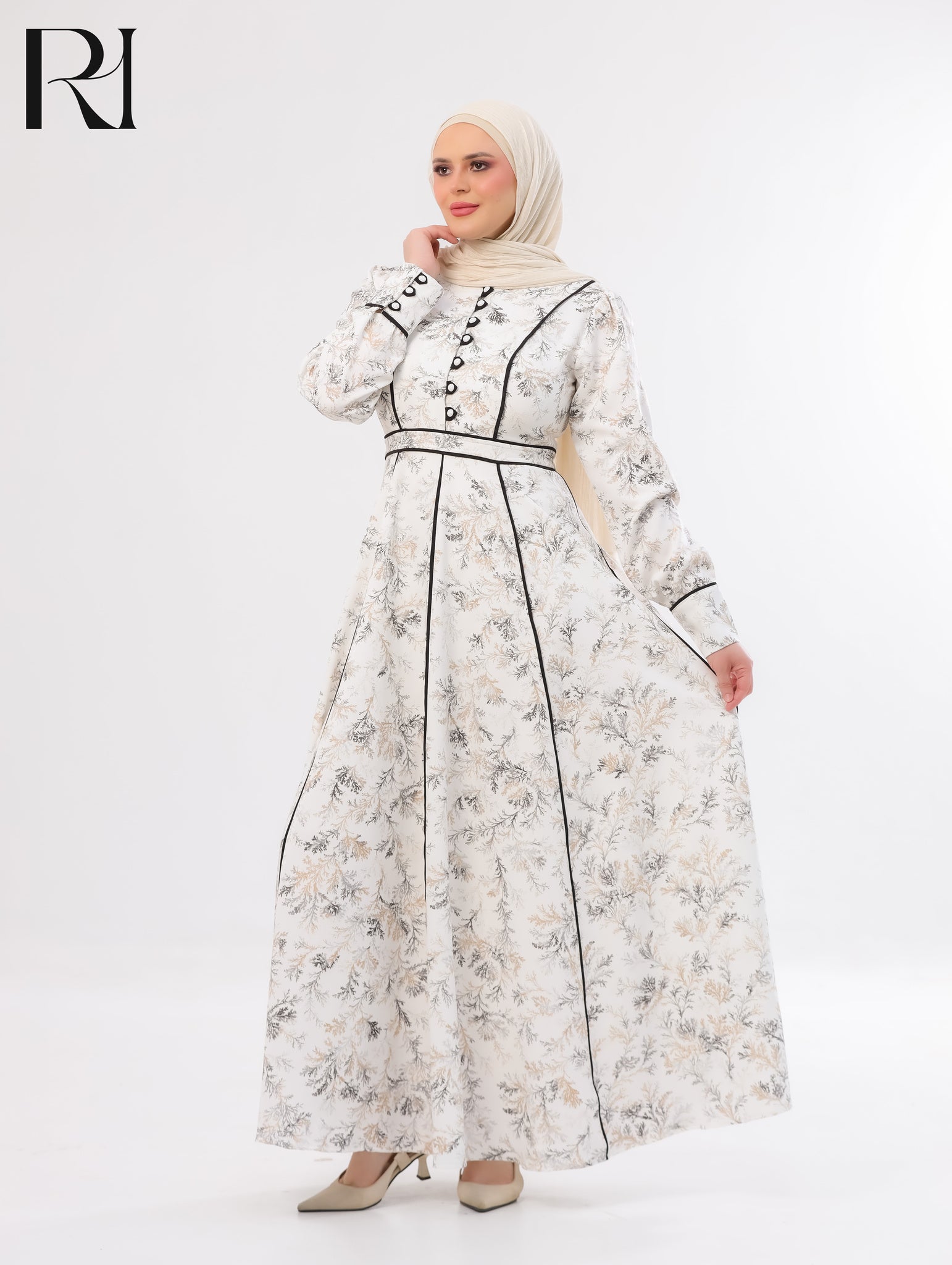 Raneem Botanical Soft Crepe Maxi Dress – Ivory