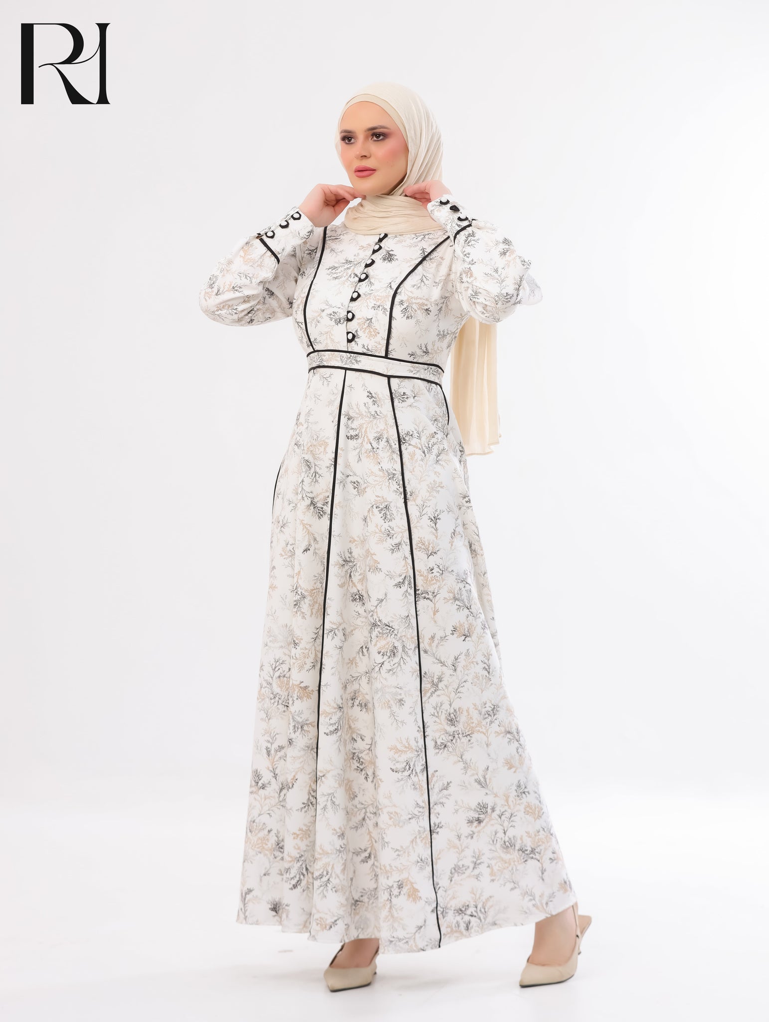 Raneem Botanical Soft Crepe Maxi Dress – Ivory