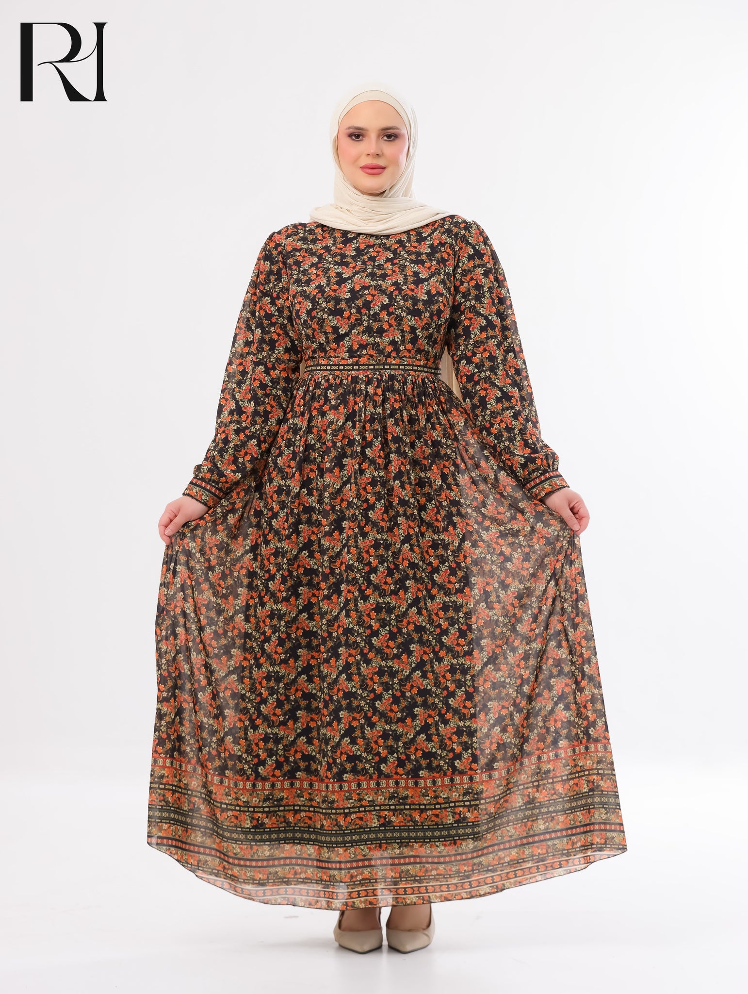 Rawan Floral Chiffon Maxi Dress – Black