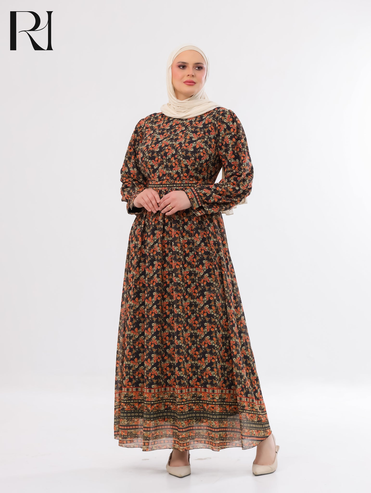 Rawan Floral Chiffon Maxi Dress – Black
