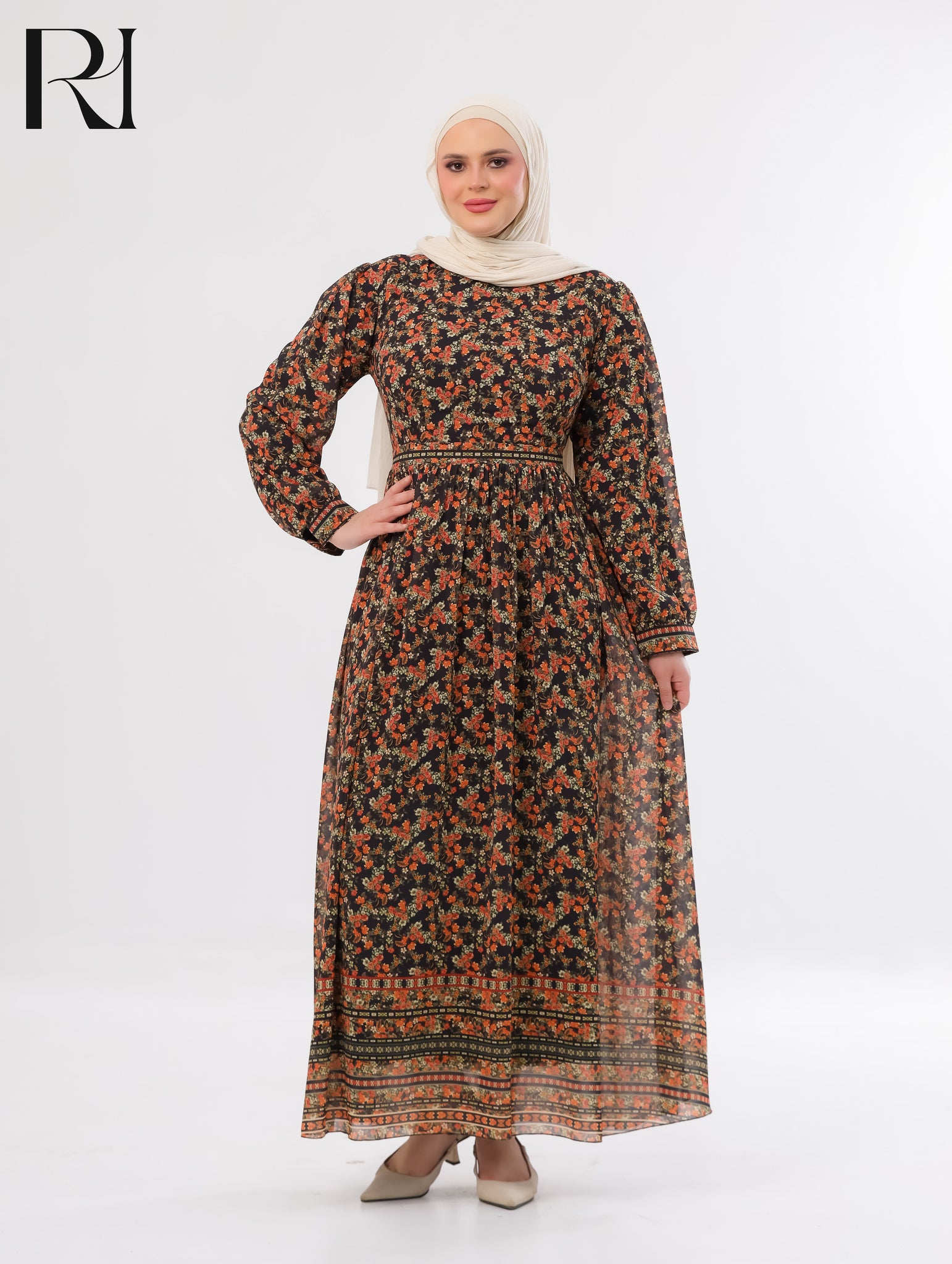 Rawan Floral Chiffon Maxi Dress – Black