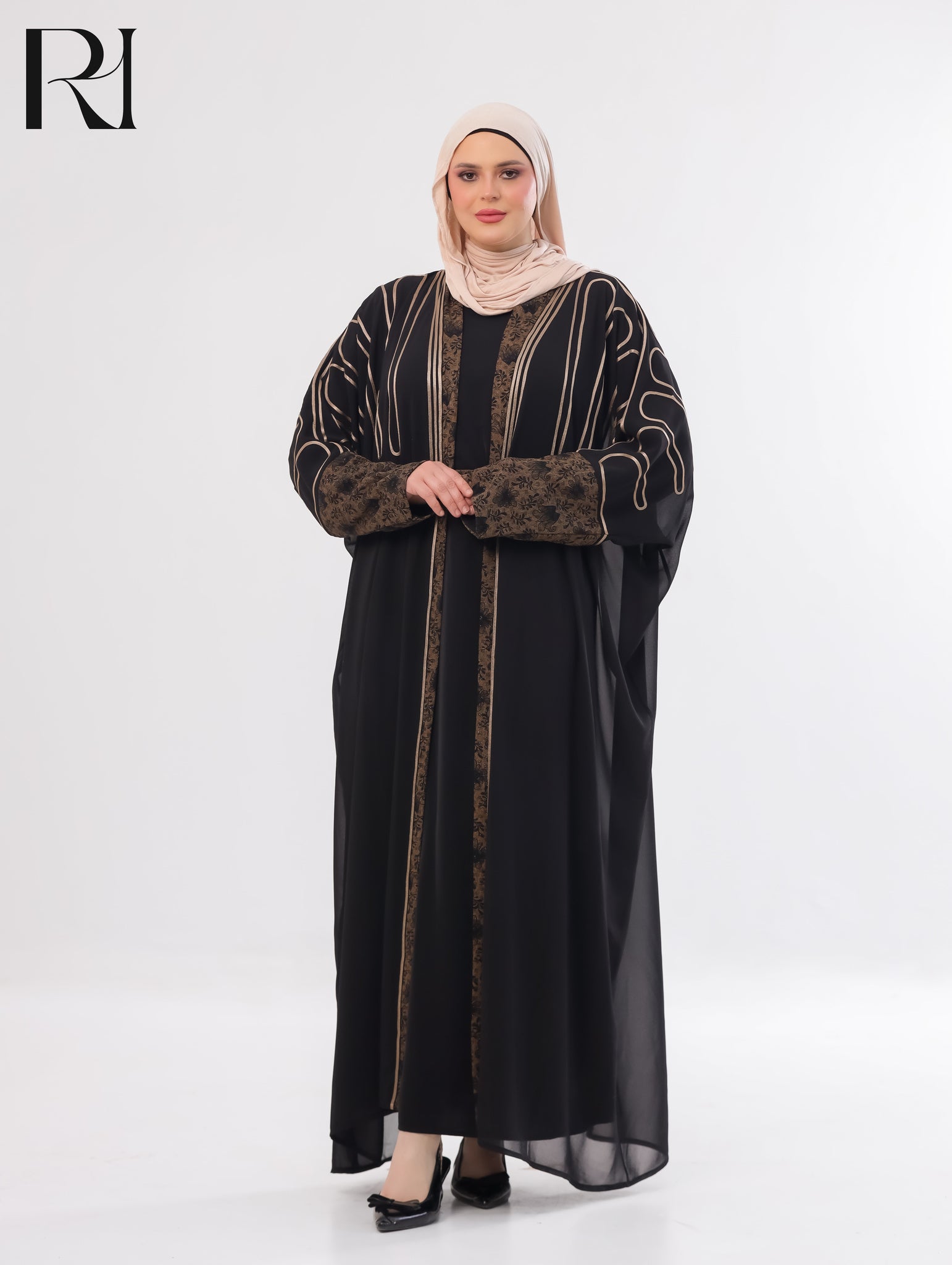 Sabeel Embroidered Chiffon Abaya Set – Black