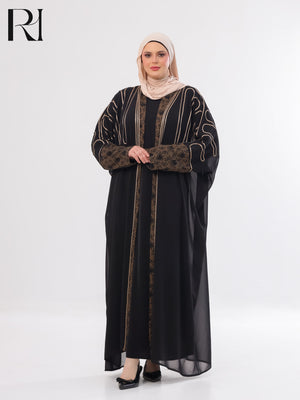 Sabeel Embroidered Chiffon Abaya Set – Black