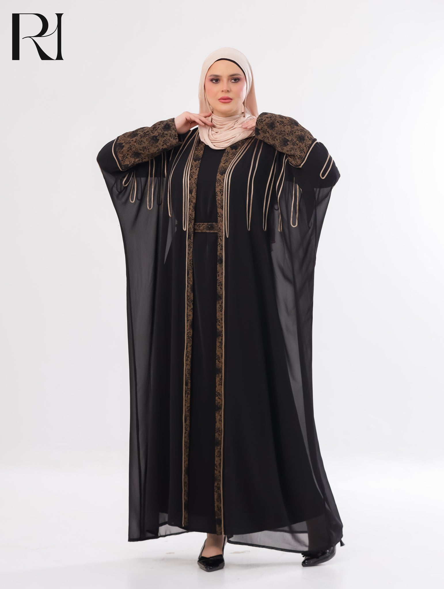 Sabeel Embroidered Chiffon Abaya Set – Black