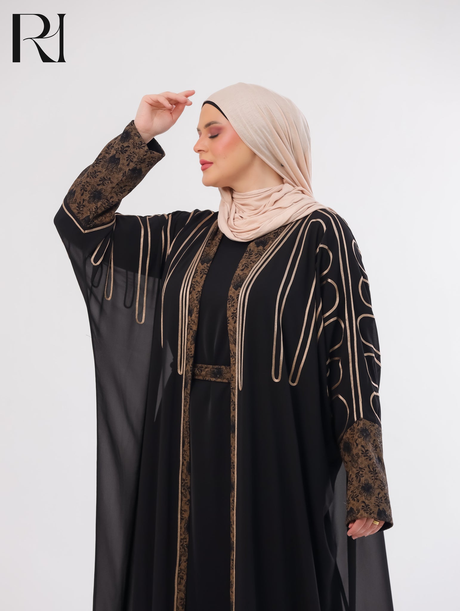 Sabeel Embroidered Chiffon Abaya Set – Black