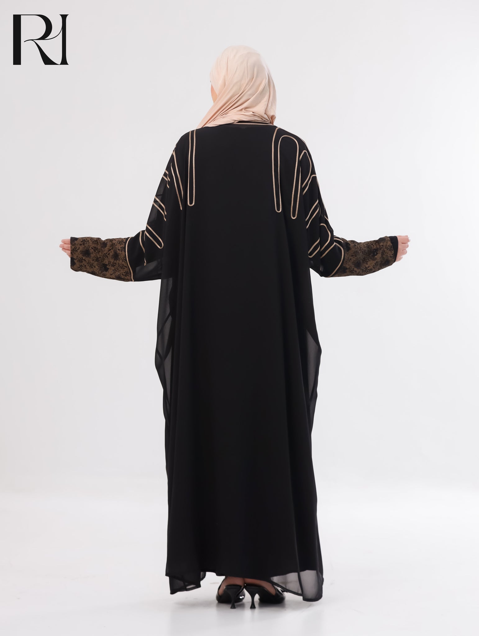 Sabeel Embroidered Chiffon Abaya Set – Black