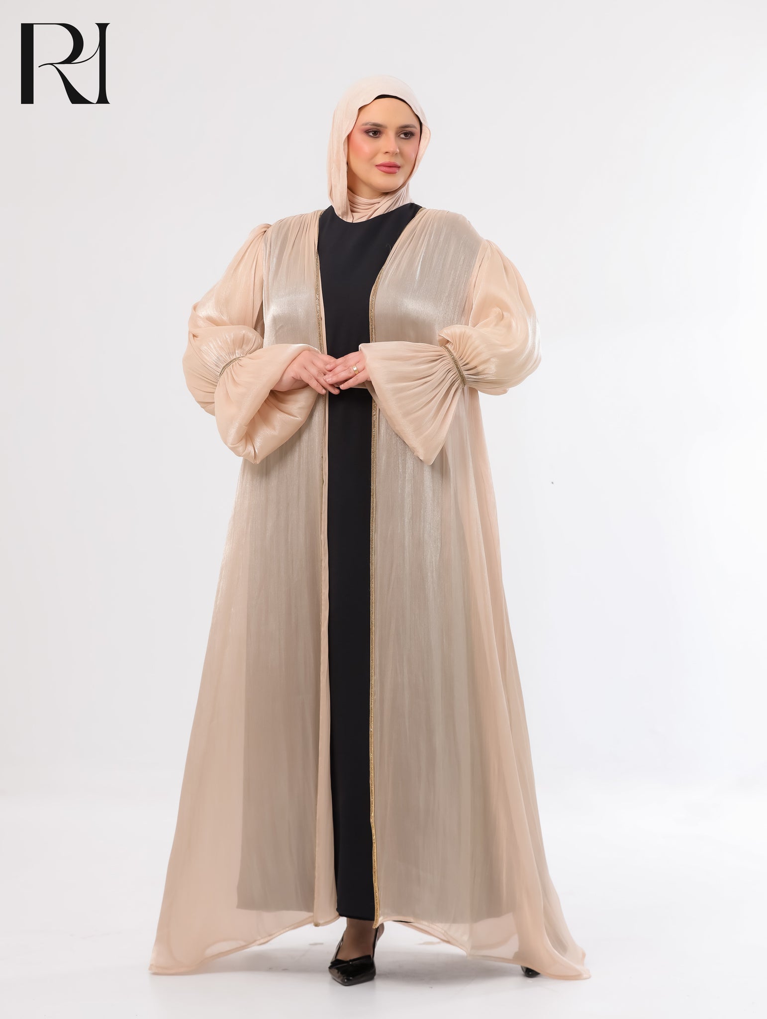 Majda Sheer Organza Abaya Set – Beige & Black