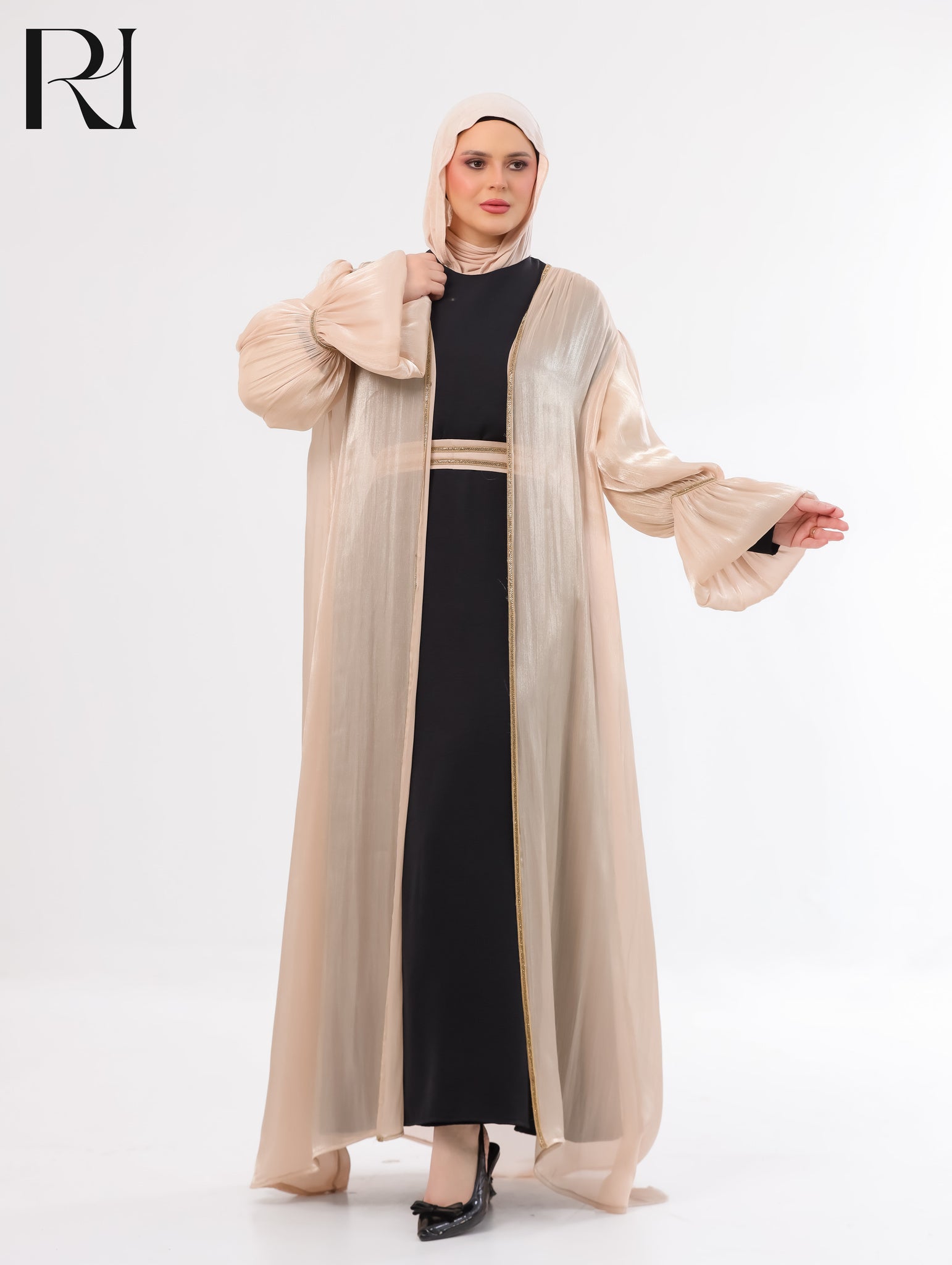 Majda Sheer Organza Abaya Set – Beige & Black