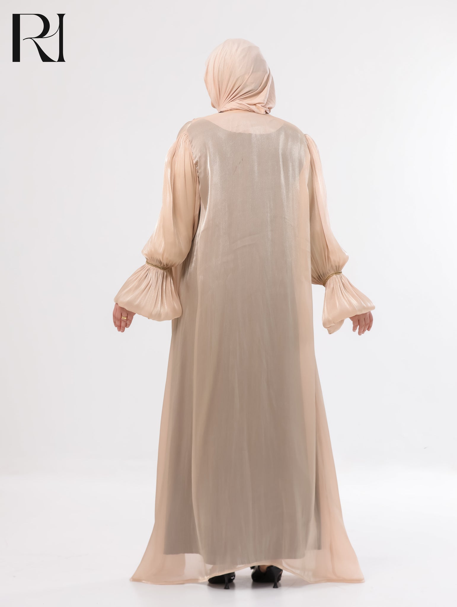 Majda Sheer Organza Abaya Set – Beige & Black