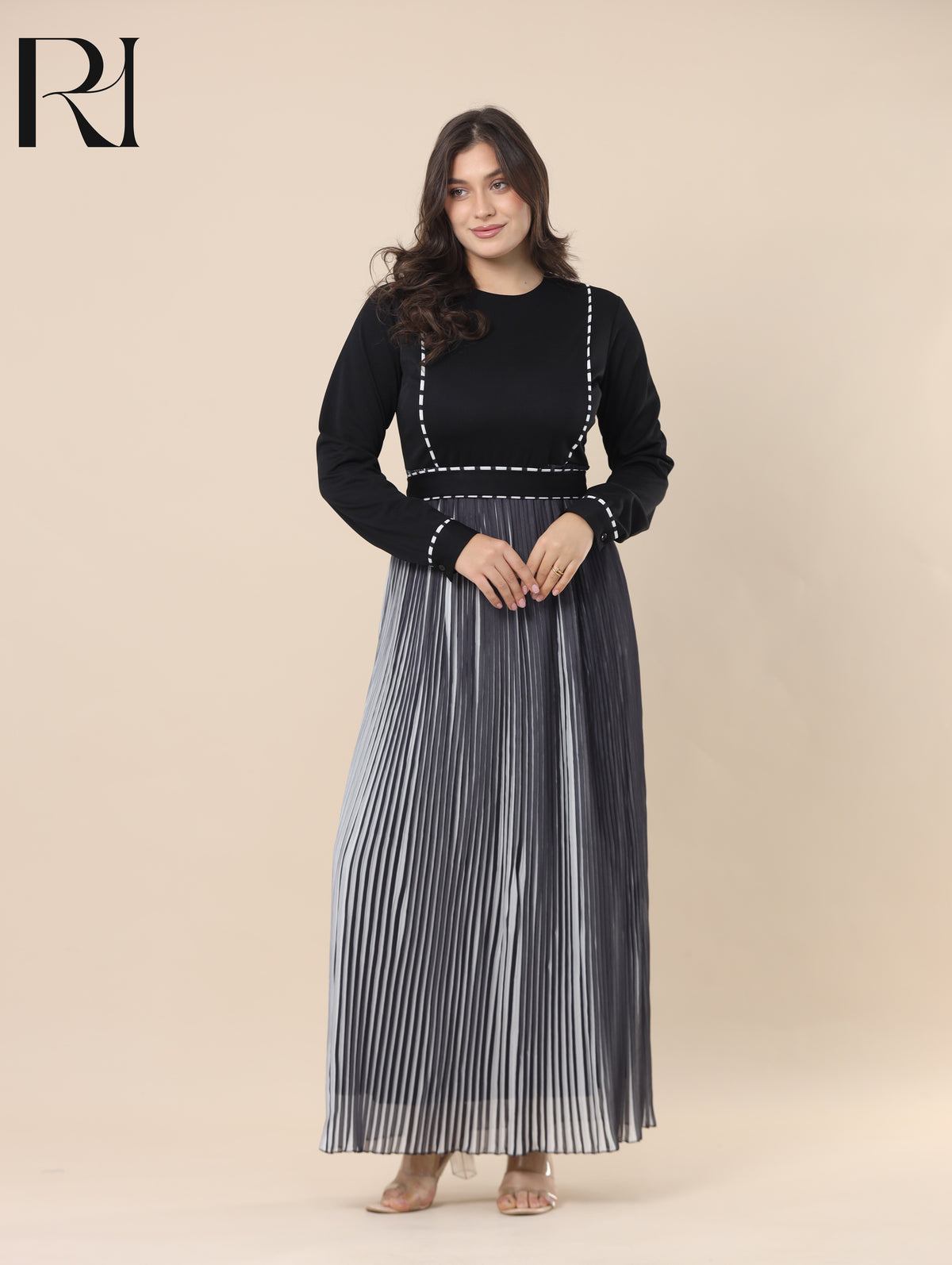 SAHAR TAILORED PLEATED CHIFFON MAXI DRESS - BLACK