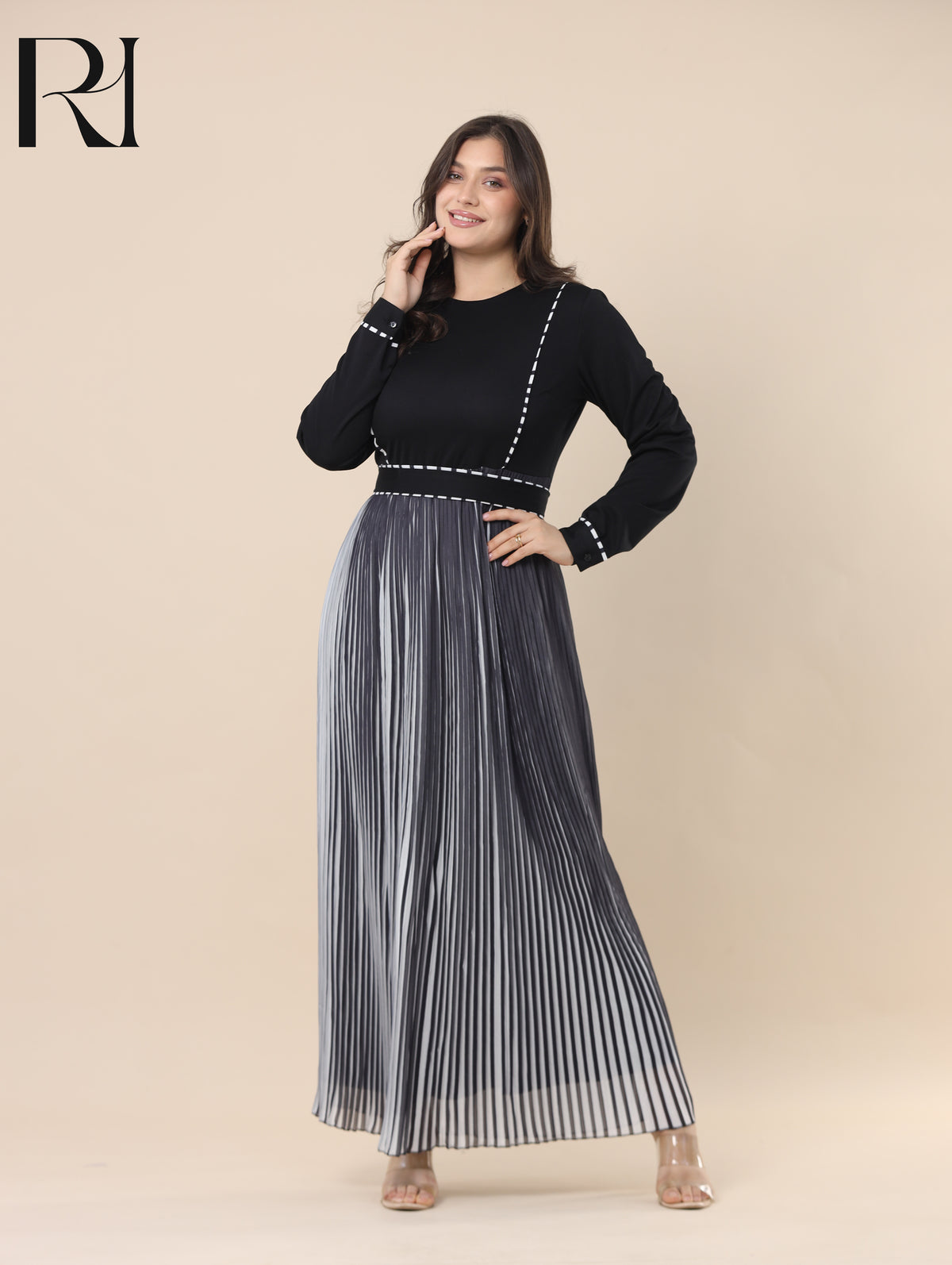 SAHAR TAILORED PLEATED CHIFFON MAXI DRESS - BLACK