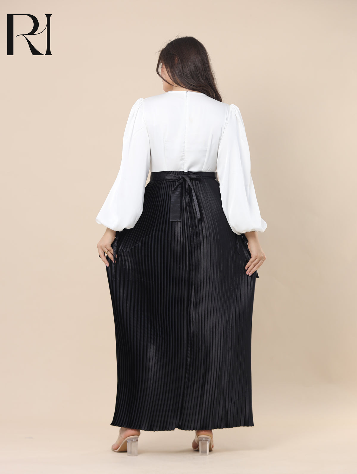 SALMA MONOCHROME SATIN PLEATED MAXI DRESS - IVORY & BLACK