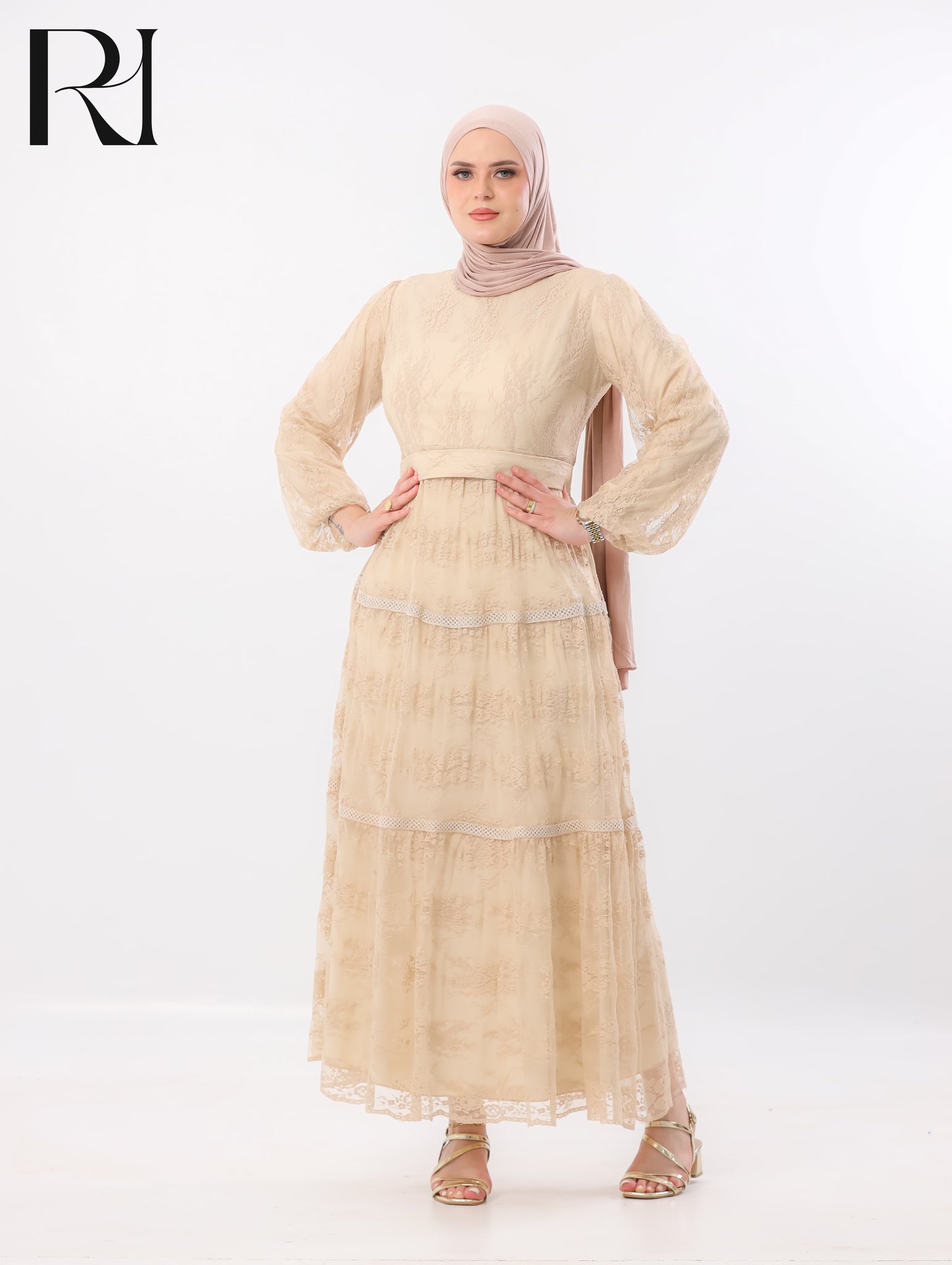 Layan Dantel Lace Tiered Maxi Dress – Almond Beige