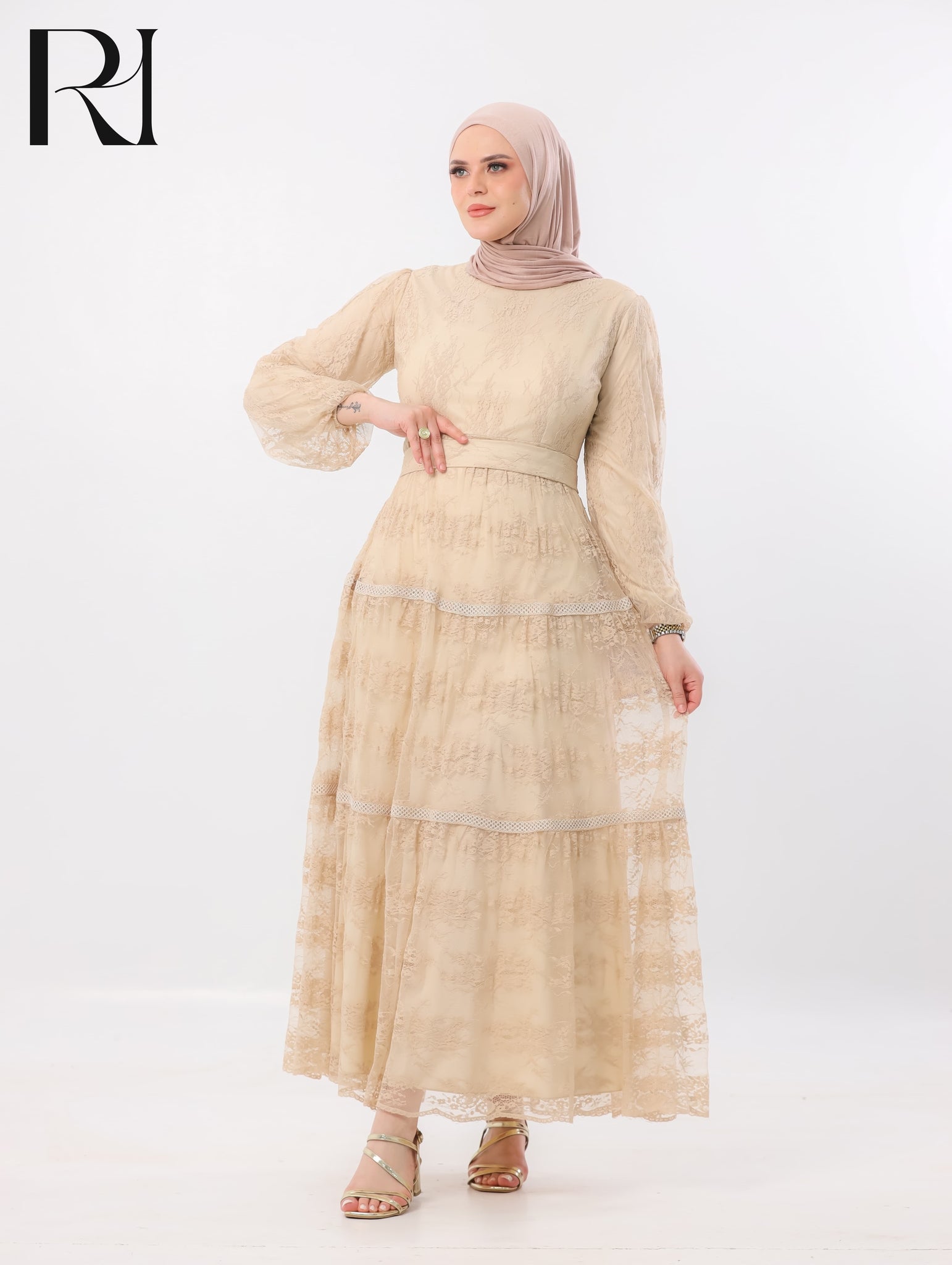 Layan Dantel Lace Tiered Maxi Dress – Almond Beige