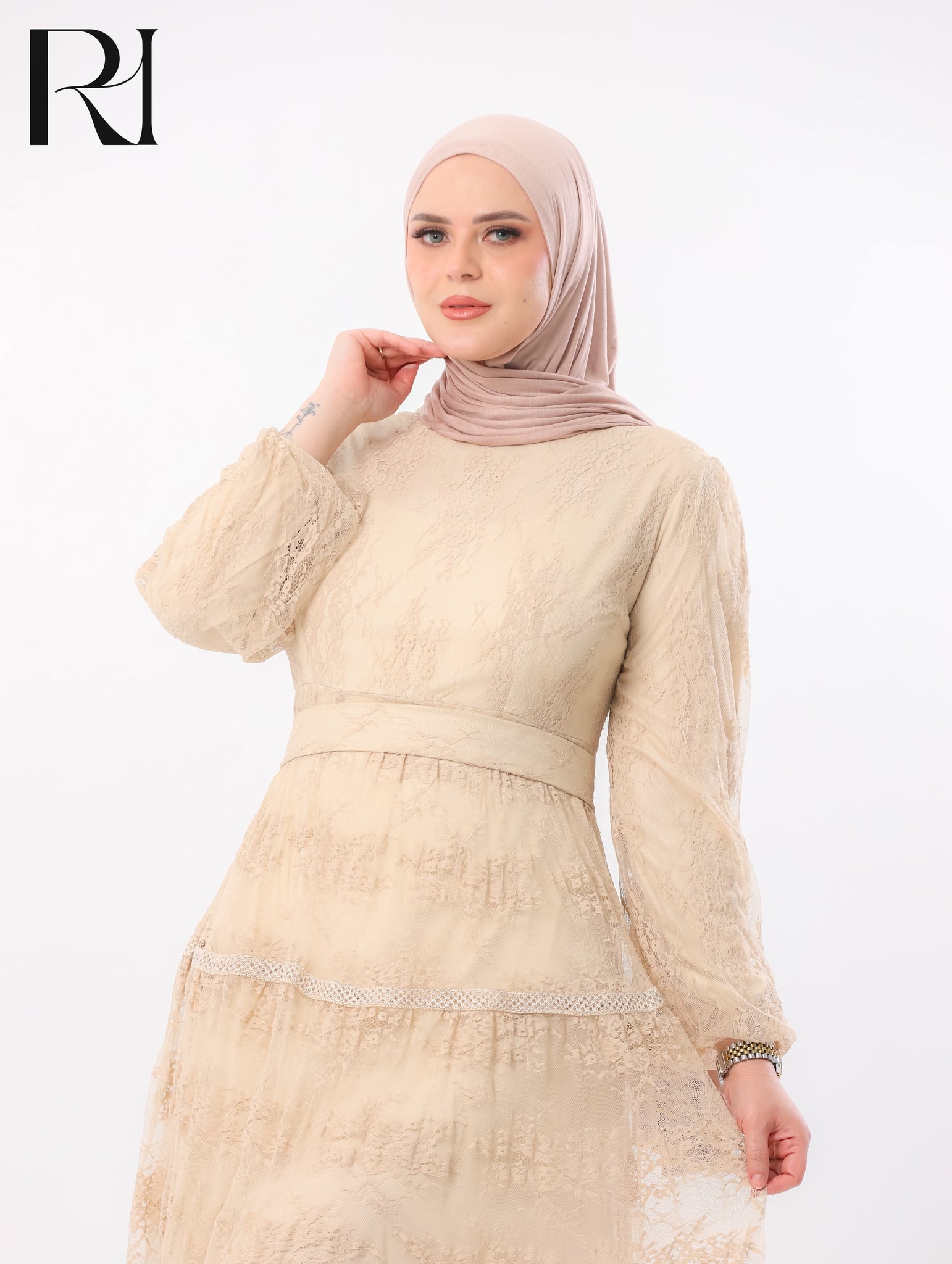 Layan Dantel Lace Tiered Maxi Dress – Almond Beige