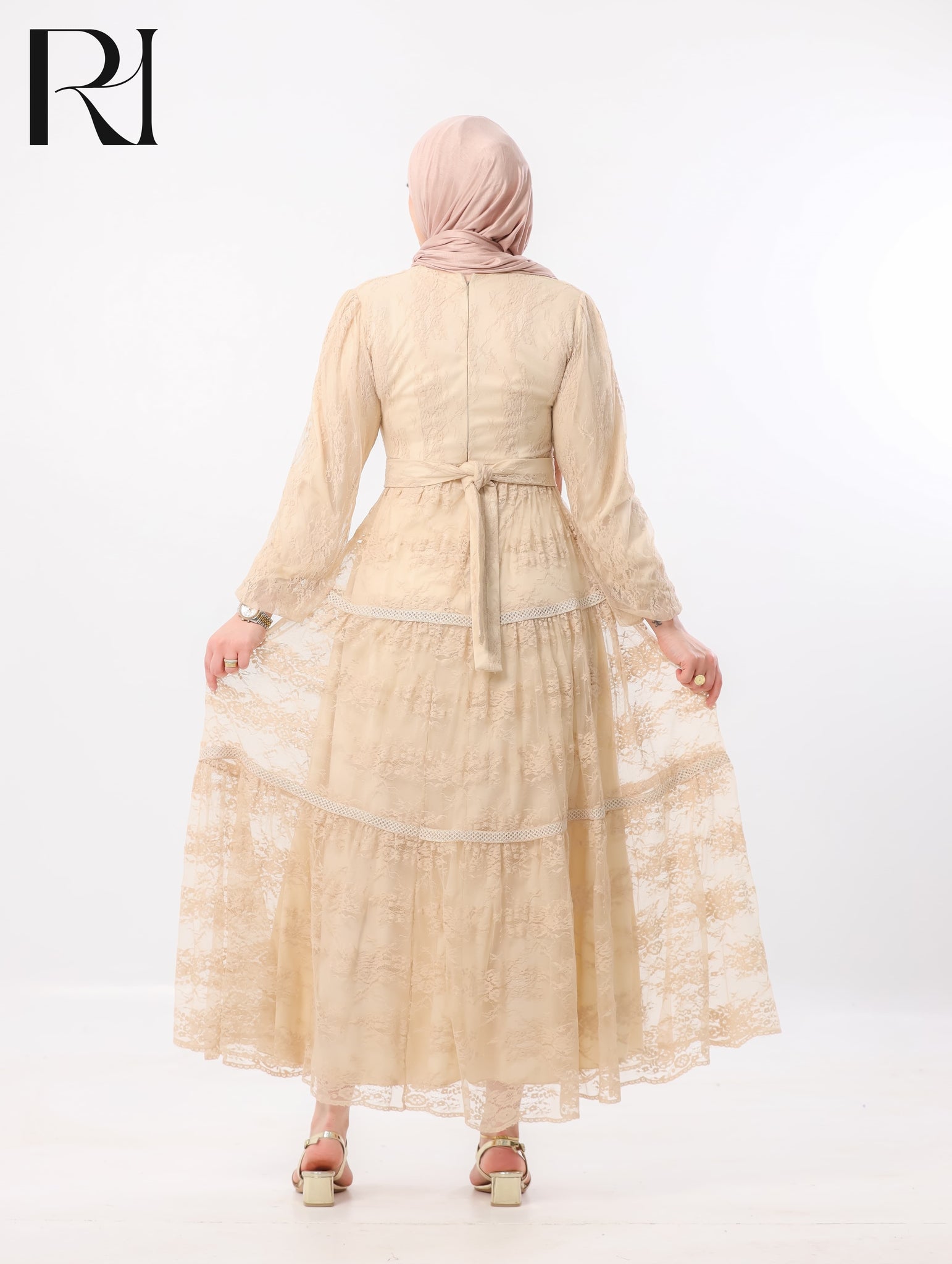 Layan Dantel Lace Tiered Maxi Dress – Almond Beige