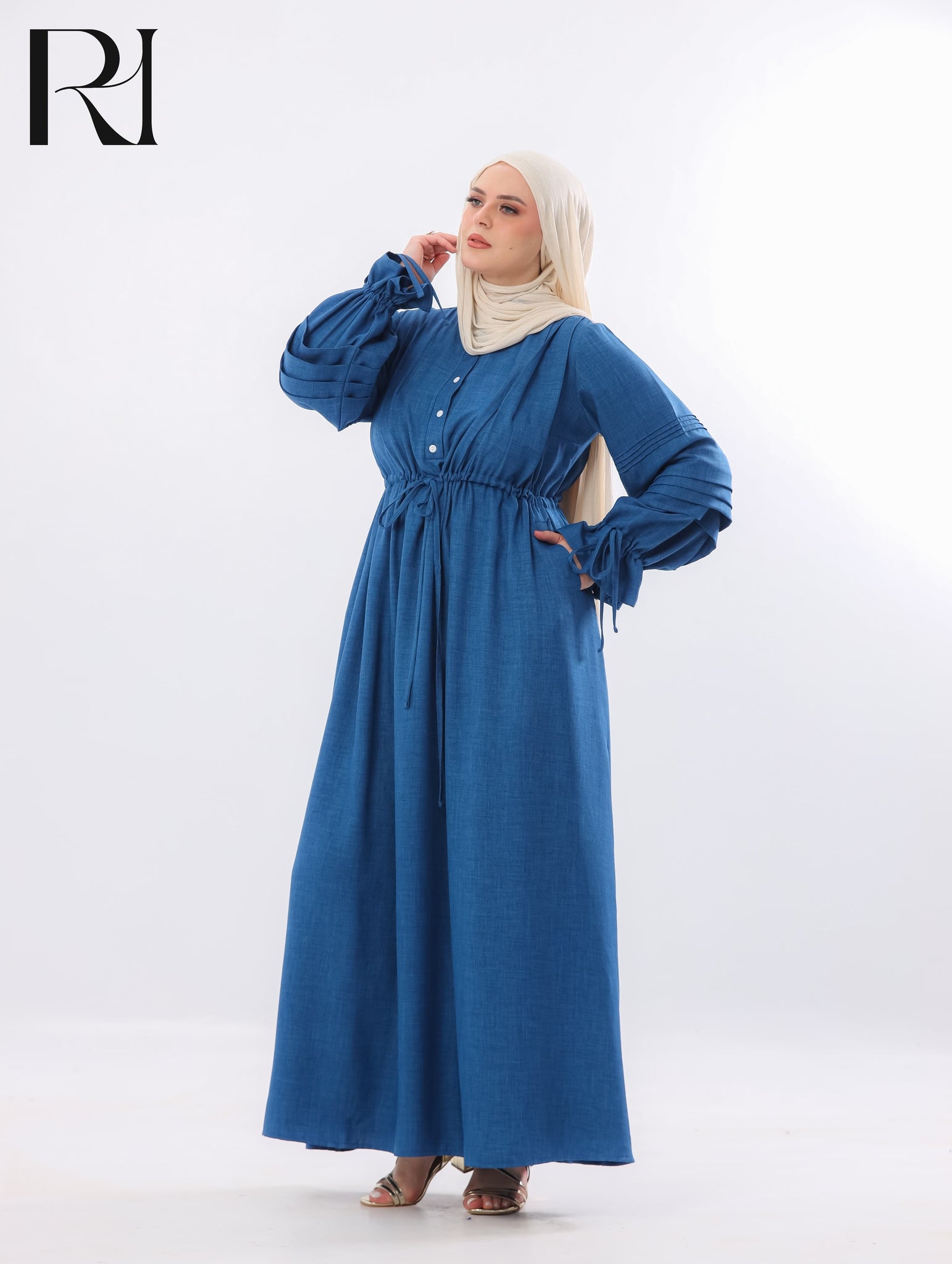 Rima Pintuck Linen-Blend Maxi Dress – Denim Blue