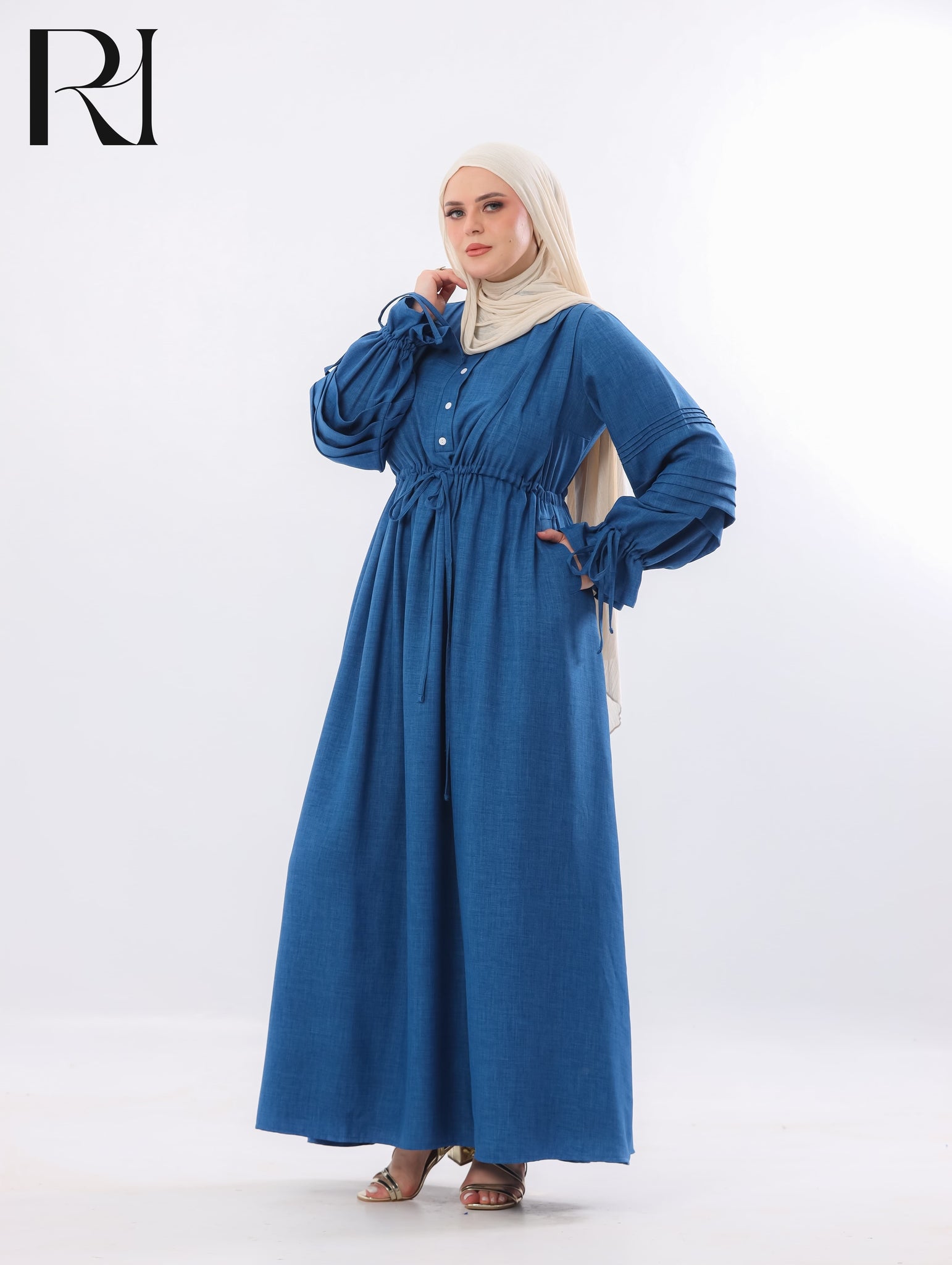 Rima Pintuck Linen-Blend Maxi Dress – Denim Blue