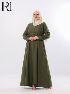 Rania Pearl Button Linen-Blend Maxi Dress – Olive Green