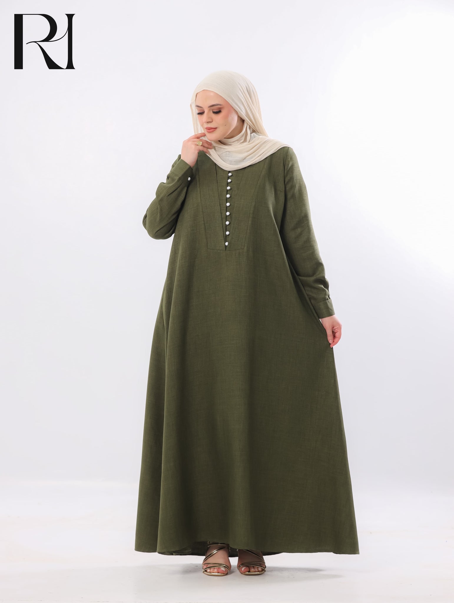 Rania Pearl Button Linen-Blend Maxi Dress – Olive Green