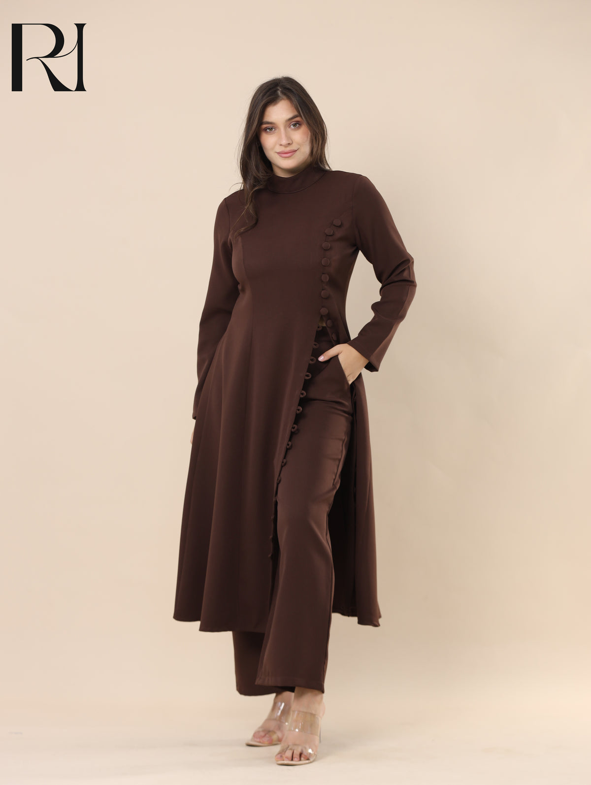 NUHA TAILORED SMOOTH CREPE TUNIC & PANTS SET - CHOCOLATE BROWN