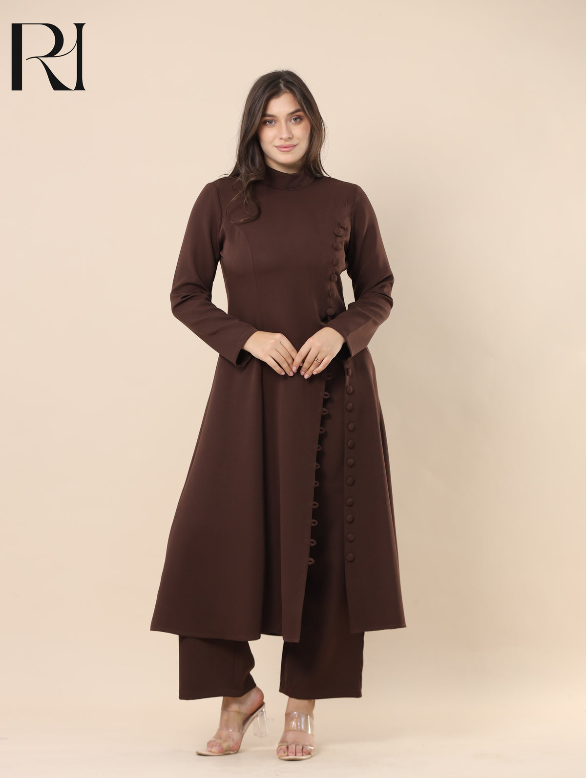 NUHA TAILORED SMOOTH CREPE TUNIC & PANTS SET - CHOCOLATE BROWN