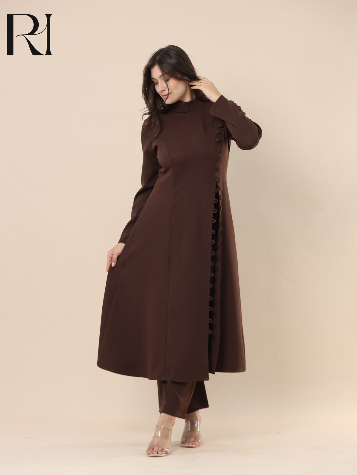 NUHA TAILORED SMOOTH CREPE TUNIC & PANTS SET - CHOCOLATE BROWN