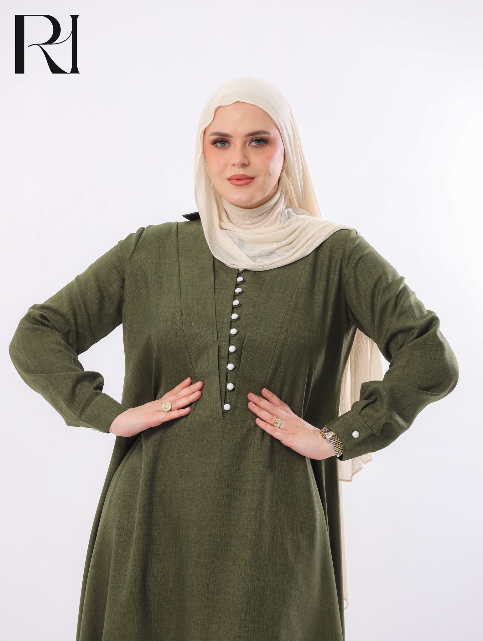 Rania Pearl Button Linen-Blend Maxi Dress – Olive Green