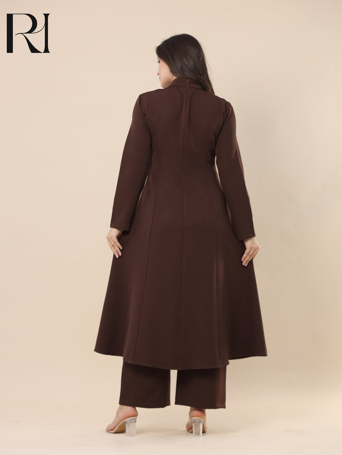 NUHA TAILORED SMOOTH CREPE TUNIC & PANTS SET - CHOCOLATE BROWN