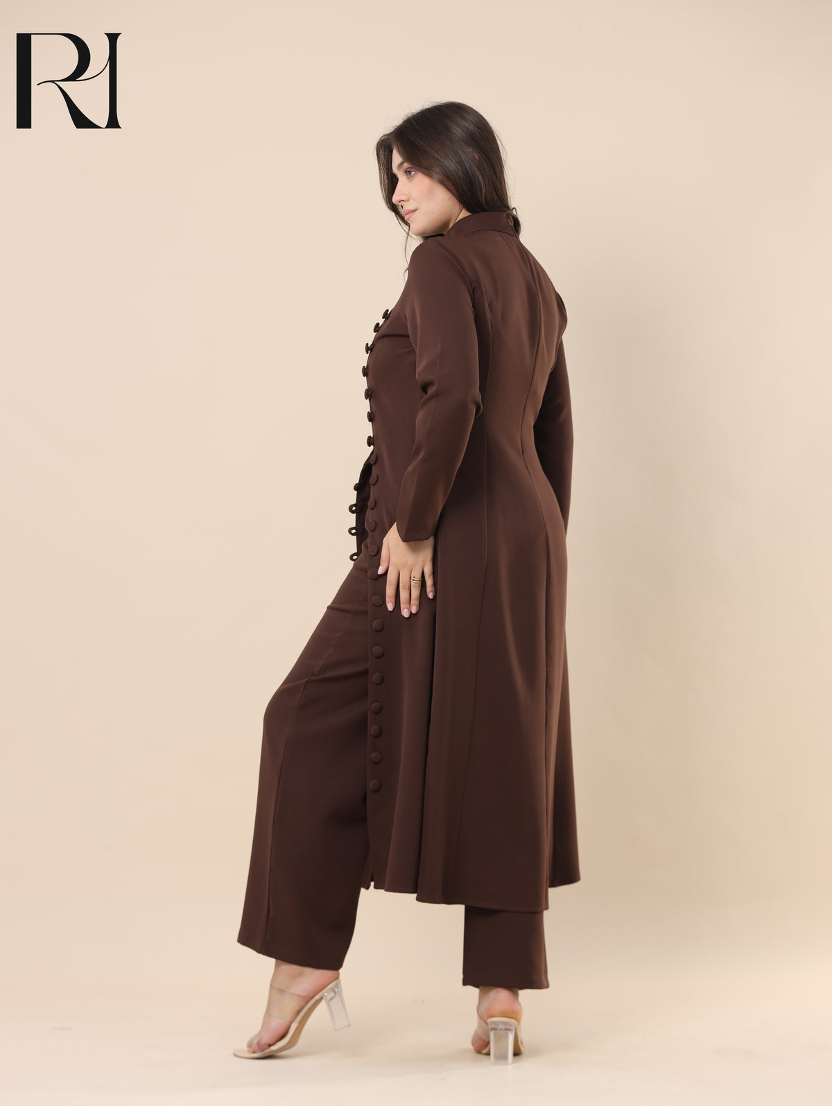 NUHA TAILORED SMOOTH CREPE TUNIC & PANTS SET - CHOCOLATE BROWN