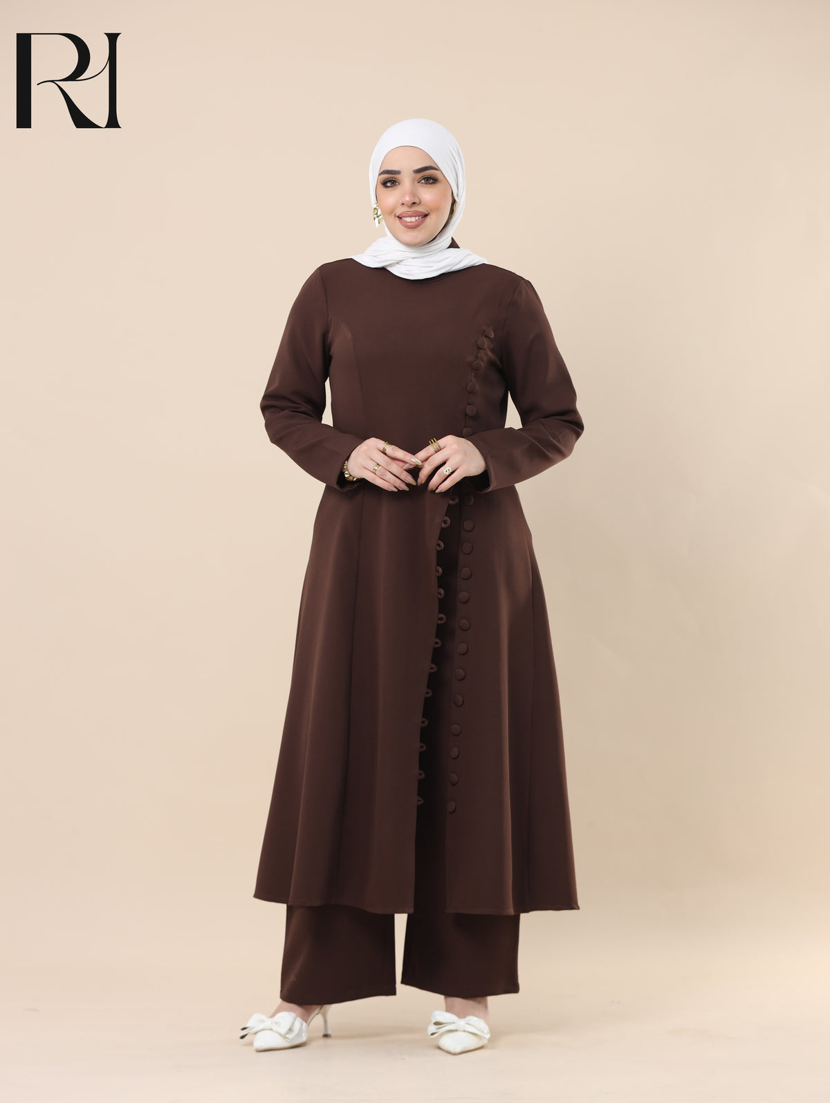 NUHA TAILORED SMOOTH CREPE TUNIC & PANTS SET - CHOCOLATE BROWN