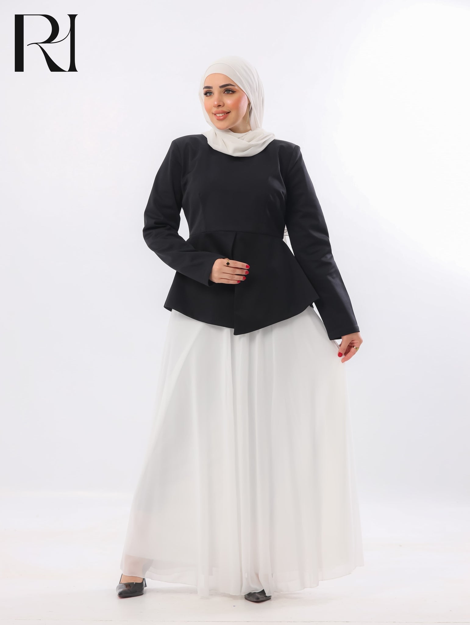 Lina Peplum Modest Skirt Set – Black & White