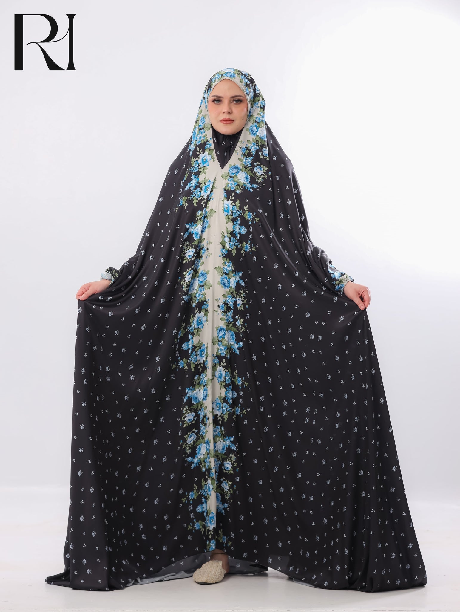 Noor Midnight Blue Bloom Blended Satin Prayer Gown – Black