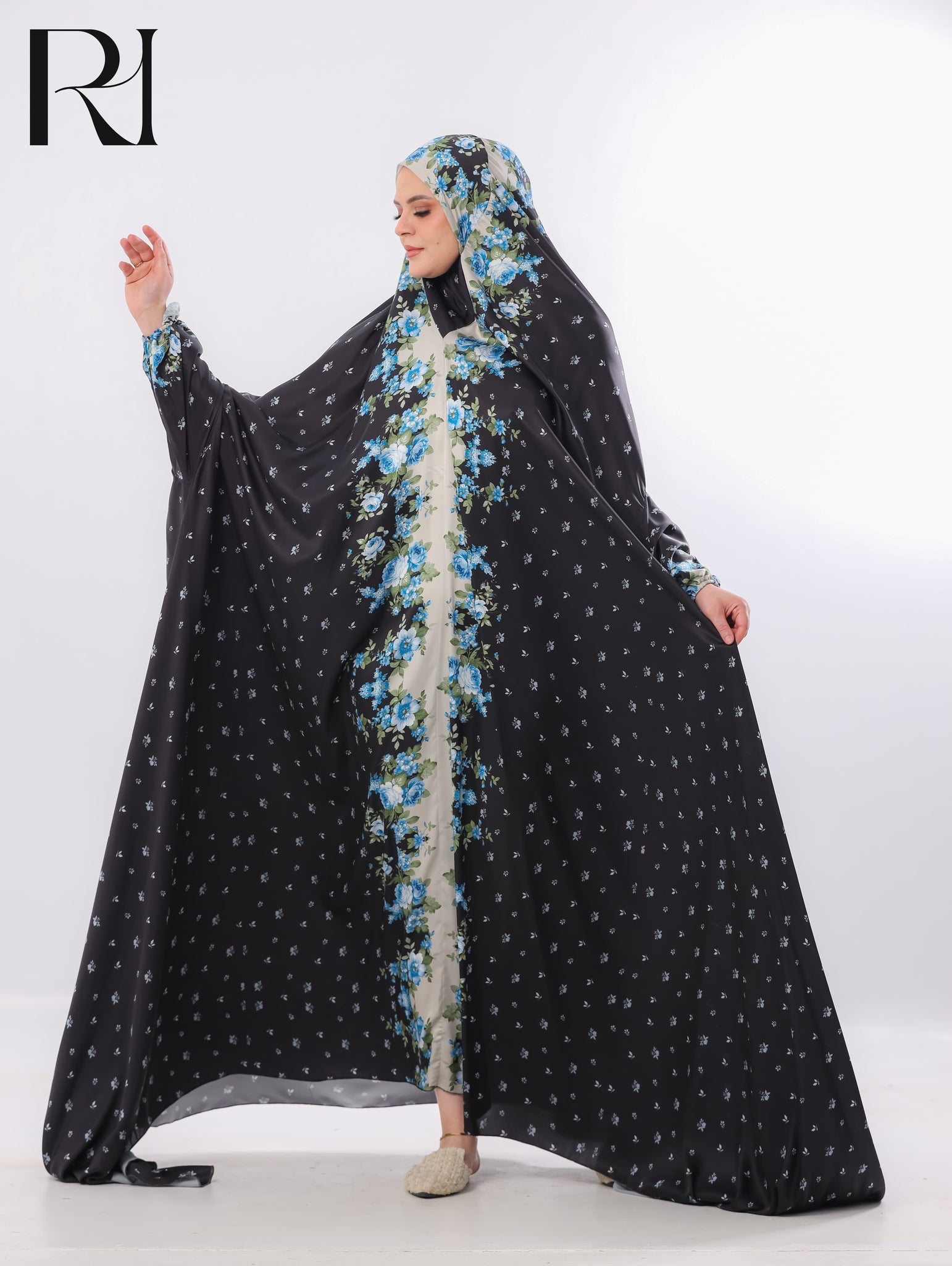 Noor Midnight Blue Bloom Blended Satin Prayer Gown – Black