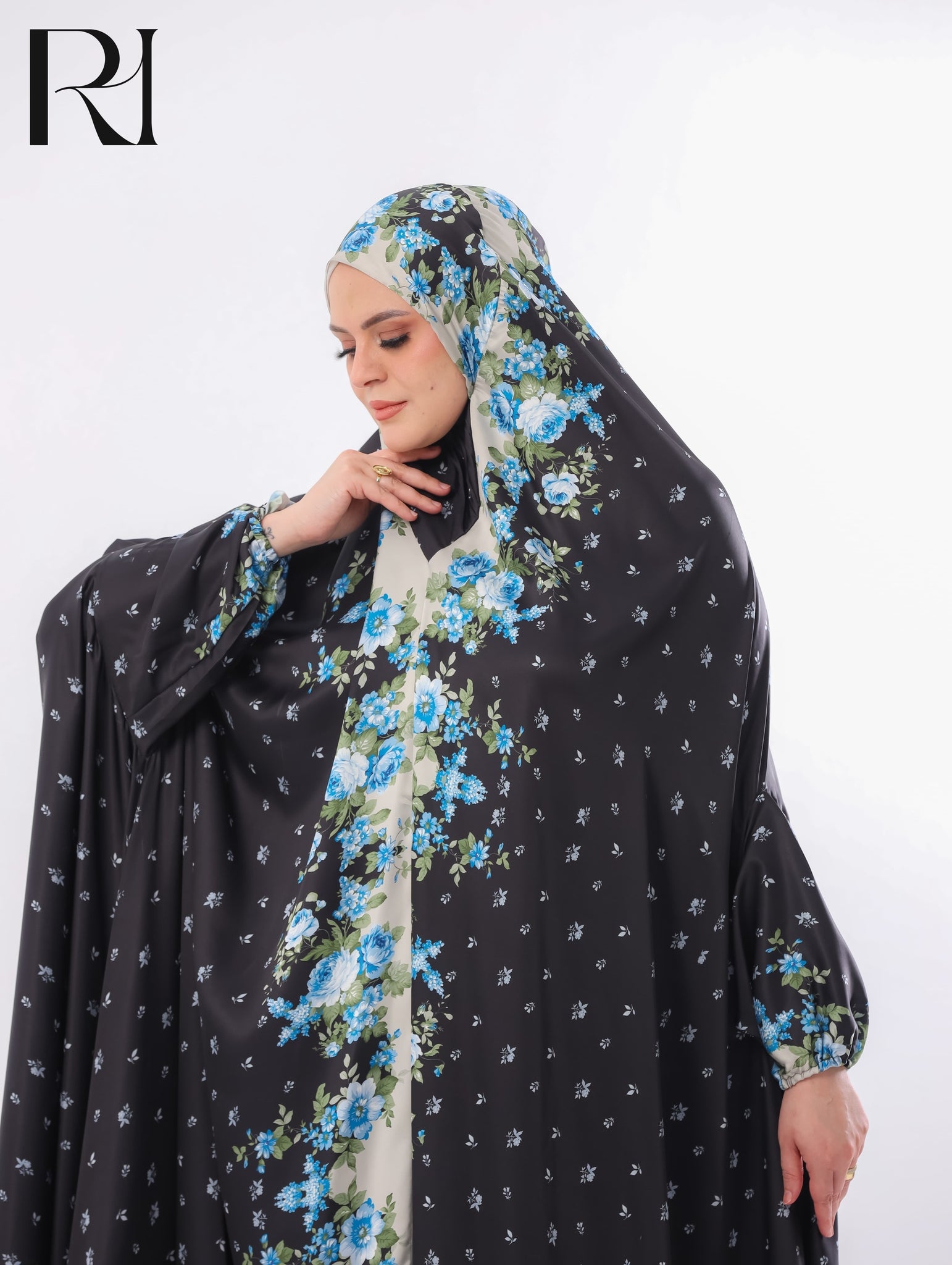 Noor Midnight Blue Bloom Blended Satin Prayer Gown – Black