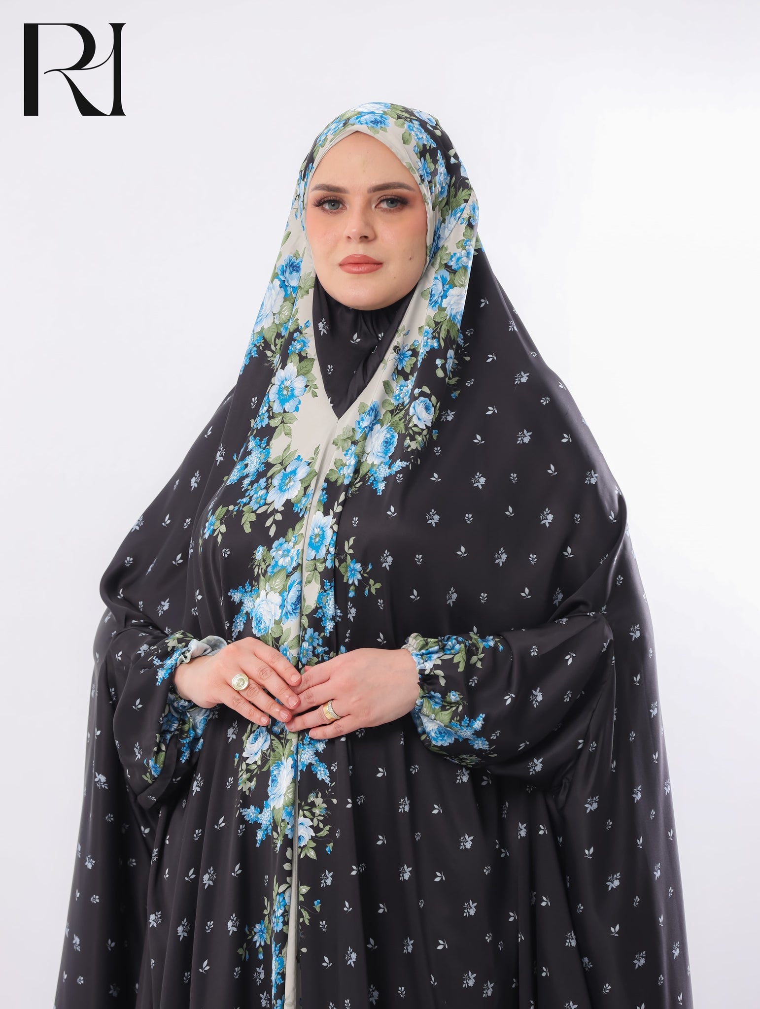 Noor Midnight Blue Bloom Blended Satin Prayer Gown – Black