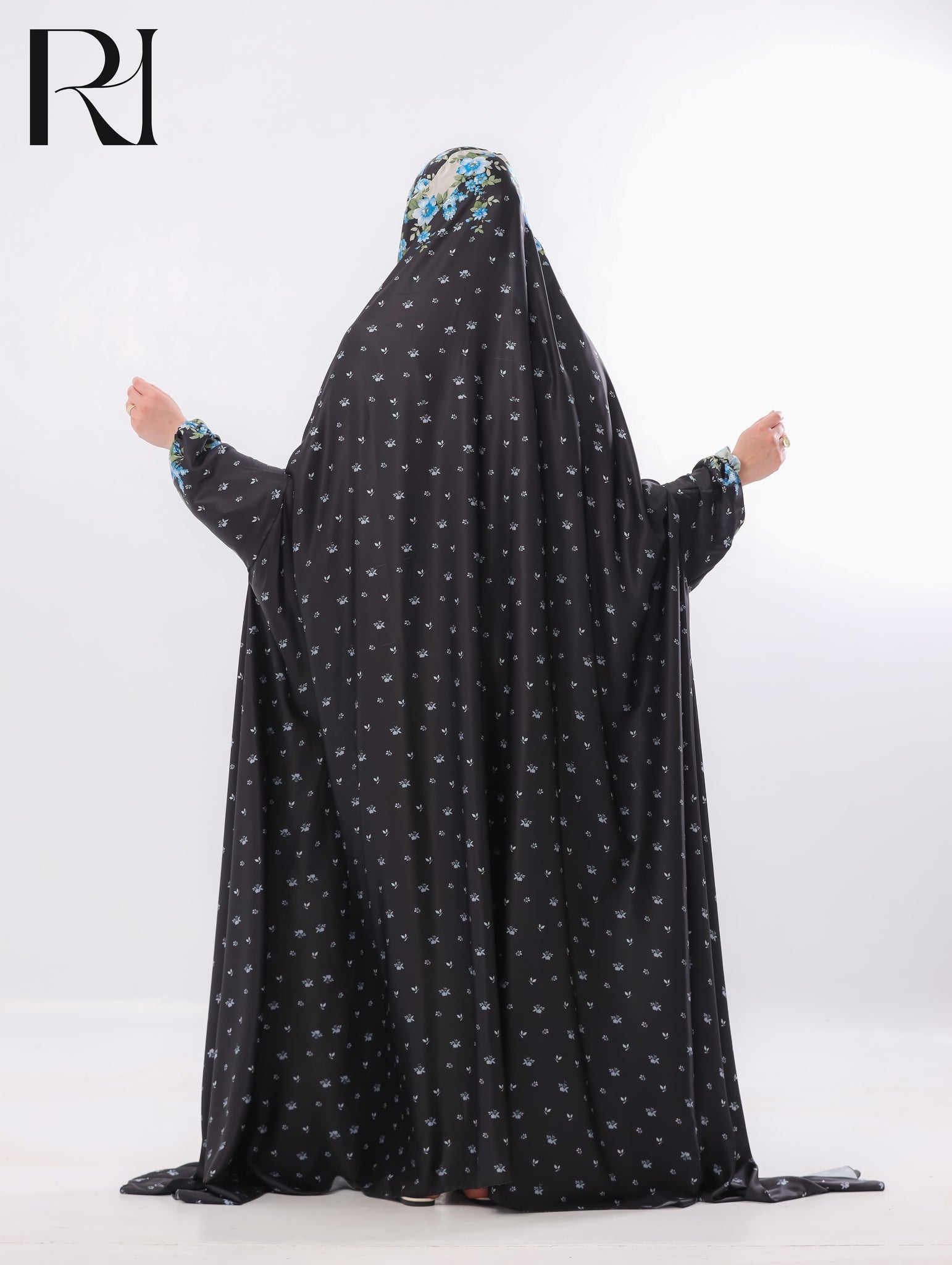 Noor Midnight Blue Bloom Blended Satin Prayer Gown – Black