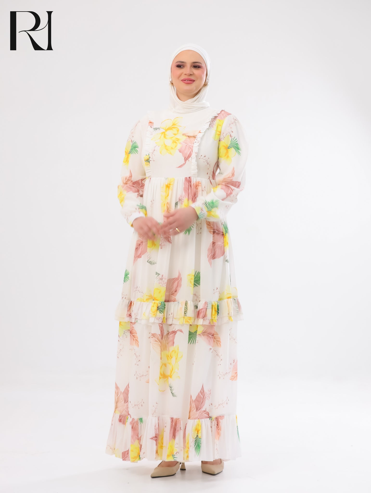 Haneen Floral Chiffon Maxi Dress – Ivory